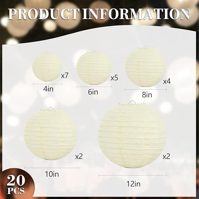 20Pcs Cream Paper Lanterns for Parties, 6” 8” 10” 12” Chinese Asian Hanging Round Paper Lanterns for Birthday Wedding Halloween Christmas Home Decor Party Decor