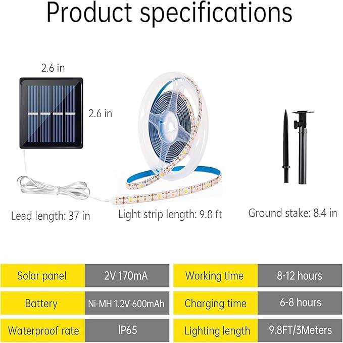 Solar LED Strip Lights Outdoor Solar Powered Rope Light Waterproof 10FT Cuttable Tape Lighting with 8 Modes for Fence, Outside, Stair, Step, Yard, Pool, Camping, Party, 1 Pack