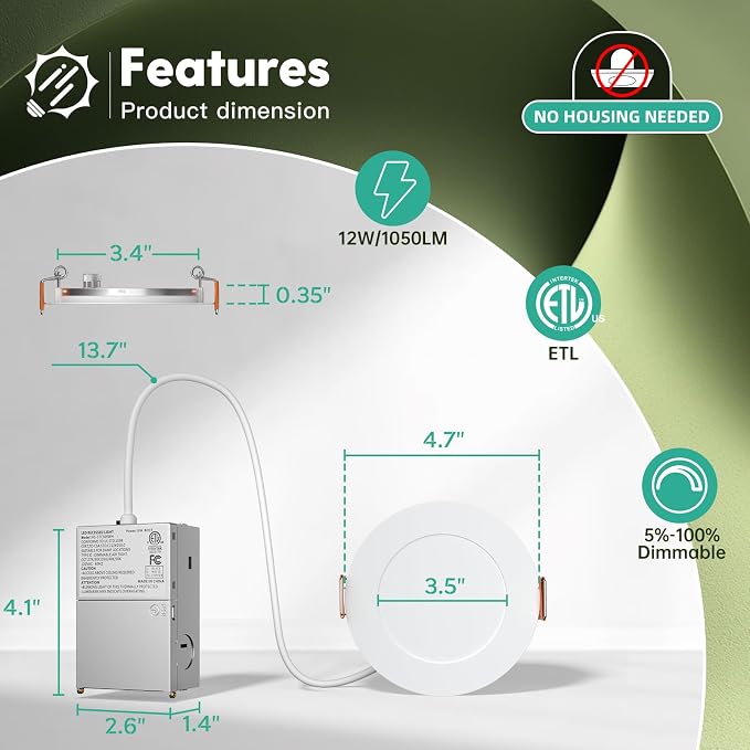 FREELICHT 48 Pack 4 Inch LED Recessed Light with Junction Box, 5CCT, 700LM | 10W, 2700K-5000K Selectable, 5%-100% Dimmable, 120V, White, Ultra-Thin Canless Wafer Downlight, ETL, FCC, IC & Damp Rated
