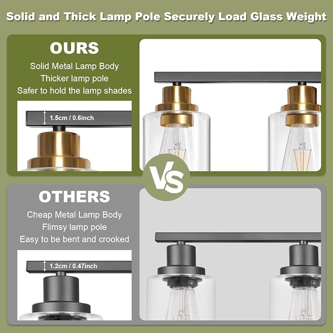 Modern Bathroom Light Fixtures, 5 Light Vanity Lights Over Mirror, Black and Gold Wall Lamp with Clear Glass for Living Room Cabinet Bedroom Porch
