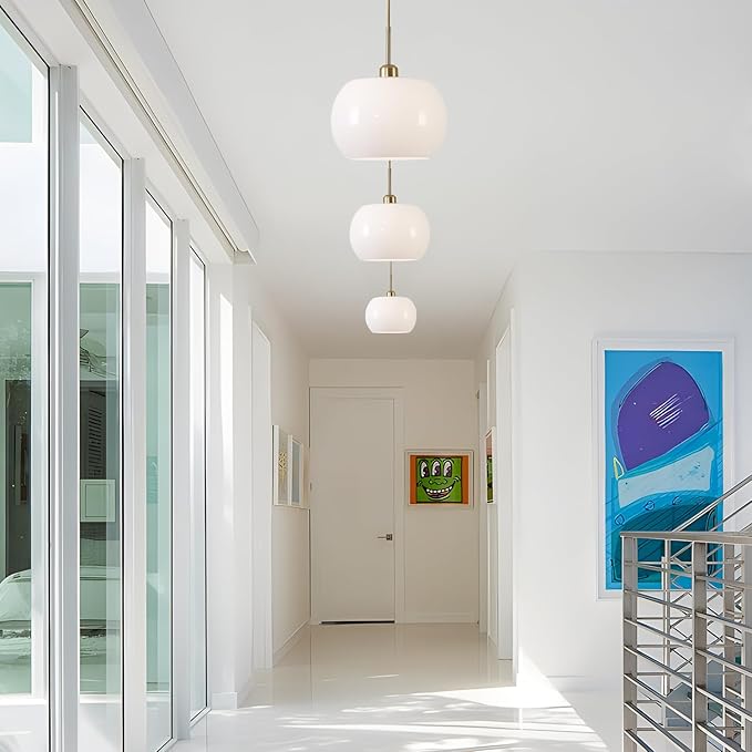 BOKT 1-Light Gold Dome Pendant Light Mid Century Modern White Globe Pendant Lighting Kitchen Island Brass Dining Hanging Ceiling Lamp Single Large Glass Ball Pendant Lamp