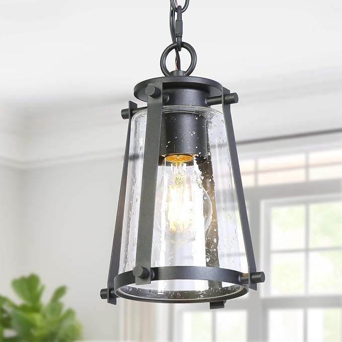KSANA Pendant Light Kitchen Island, Black Pendant Hanging Light with Seeded Glass Farmhouse Rustic Pendant Light Fixtures for Dining Room Hallway