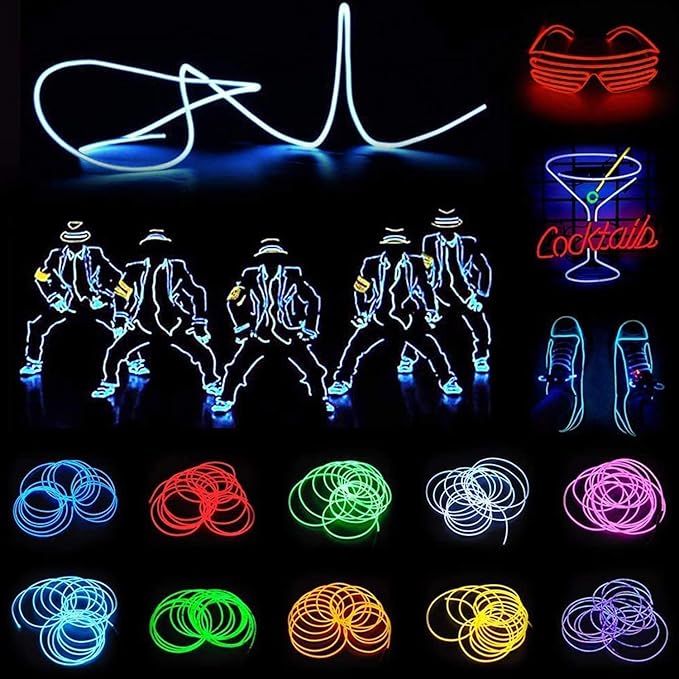 JIGUOOR EL Wire Battery Pack 9.8ft / 3m Bright Neon Light Strip 360° Illumination Neon Tube Rope Lights for DIY, Festival, Party Decoration, Pub, Halloween, Chrismas (9.8ft / 3m, Purple)