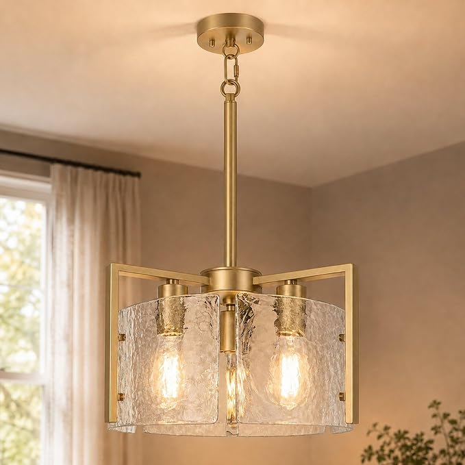 14.2 Inch Gold Chandeliers for Dining Room, Adjustable Height | 3-Light Vintage Entryway Light Fixture, Glass Pendant Lights for Kitchen Island Foyer Bedroom Bathroom