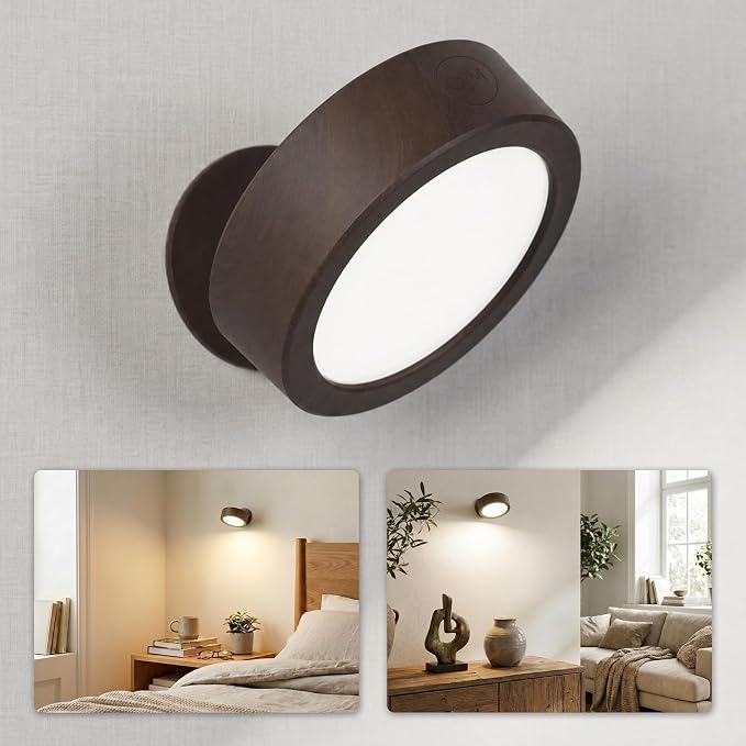 EZVALO LED Wall Mounted Light, 3000mAh Rechargeable Cordless Wall Sconce, Dimmable with Remote & Touch Control, 3 Color Temps, 360° Rotatable for Bedroom, Bedside, Reading(Walnut)