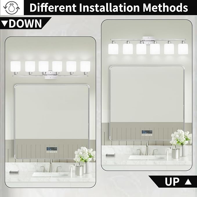 Large Bathroom Vanity Light Fixture, 6 Light Anti-Rust Finish with Milky White Frosted Glass Shades, 38 Inch Bath Light Above Mirror Light Fixture