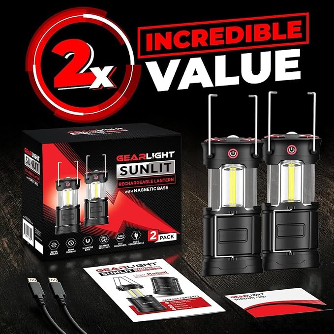 GearLight Rechargeable Camping Lantern - 2 Portable LED Lanterns with Magnetic Base and Foldable Hook for Emergency Use or Campsites, Essential Hurricane Survival Kit - Black