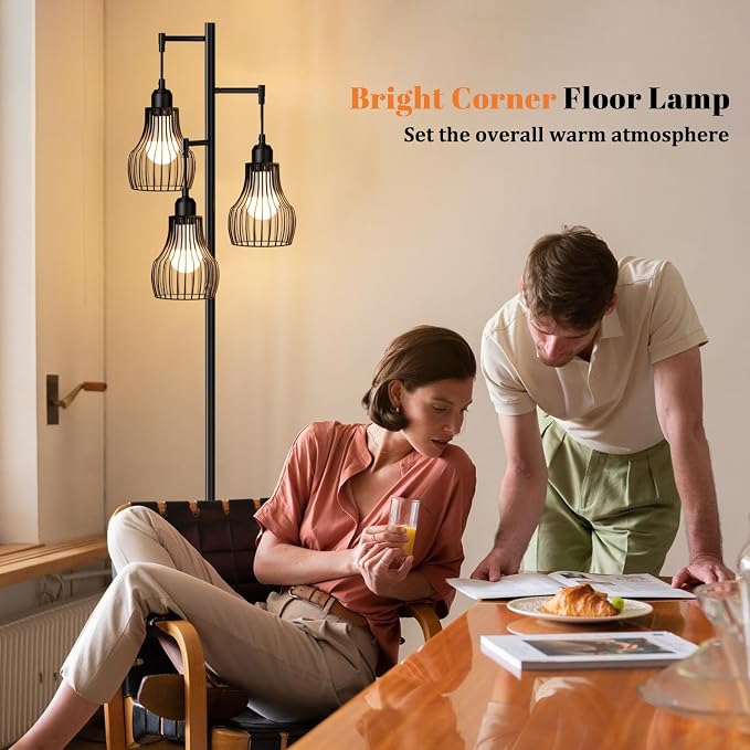 Ziisee Dimmable Floor Lamps for Living Room, Farmhouse Tree Standing Tall Lamp with Remote Control 3 Elegant Cage Shade LED Bulbs for Bedroom Office - Black