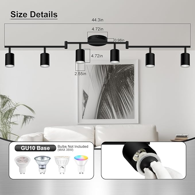 6 Light Track Lighting Fixtures Ceiling, Matte Black Kichen Track Lighting Fixtures with Rotatable Light Heads, Foldable Lamp Arms, Modern LED Track Lights for Kitchen/Hallway, No GU10 Bulb