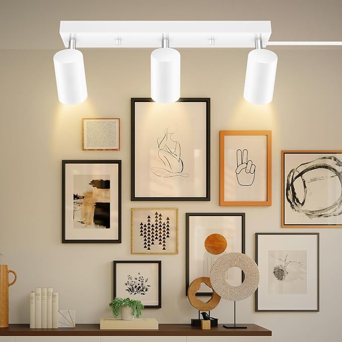 Plug in Track Lighting, 3 Light Ceiling Lighting Kit, White 3 Way Modern Wall Spotlight, 15 FT Cord,Flexibly Rotatable Complete Light Kits for Kitchen Cabinet Gallery Bar Living Room（No Bulb）