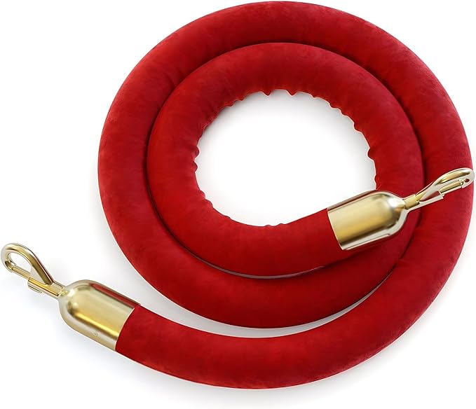 Montour Line Velvet Hanging Stanchion Rope Foam Core, 8 Foot Red Rope with Polished Brass Snap Ends