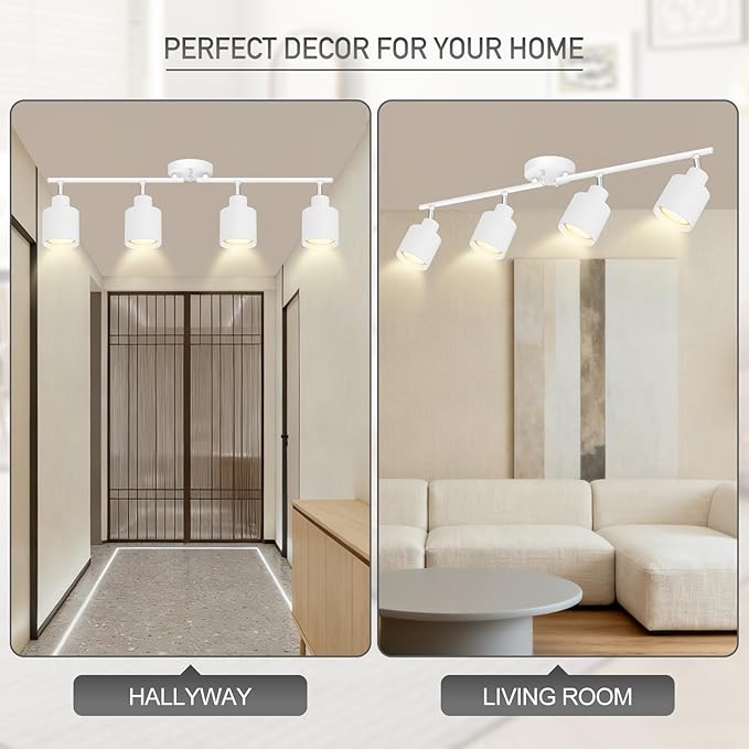 4-Light Led Track Lighting,White Ceiling Lighting Fixtures,Wall Sconces Ceiling Spotlight with Foldable Light Arms for Kitchen, Closet, Bedroom,GU10 Socket, Bulbs Not Included
