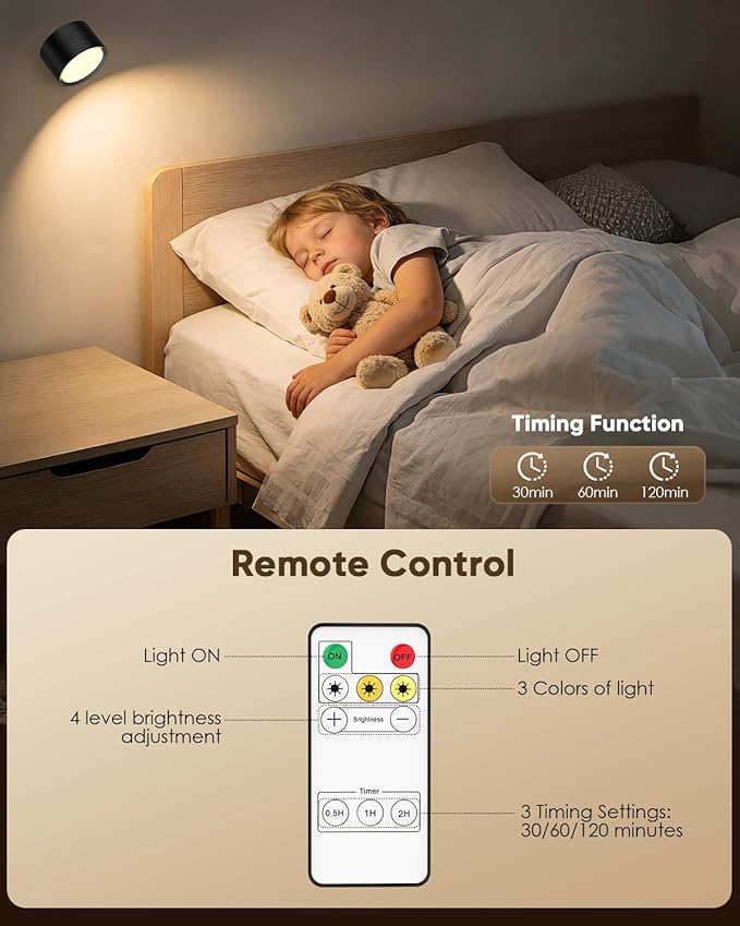 LED Wall Mounted Lights 2 Pcs with Remote, Rechargeable Wall Sconce with 3 Color Temps & Dimmable Magnetic 360° Rotation Cordless Light for Bedroom Reading Bedside