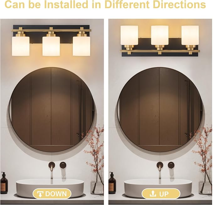Modern Bathroom Light Fixtures Over Mirror, Vanity Lights for Bathroom Wall Sconces with Milky White Glass Shades, E26 Socket (Bulbs Not Included), 3 Light, Black Gold