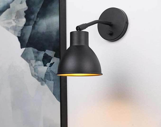 Yosoan Indoor Bedside Wall Sconce, 1-Light Vintage Industrial with Dimmable Switch 340 Degree Adjustment Angle Mount Lamp with 5.7" Antique Bowl Metal Shade Build-in Gold Vanity(Black)