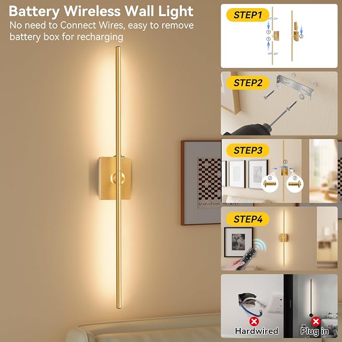 Battery Operated Wall Sconces Set of 2, 10000mAh Wireless Rechargeable 3000-6000K Dimmable 350° Rotate Wall Light with Remote for Living Room, Bedroom 23.6in Gold