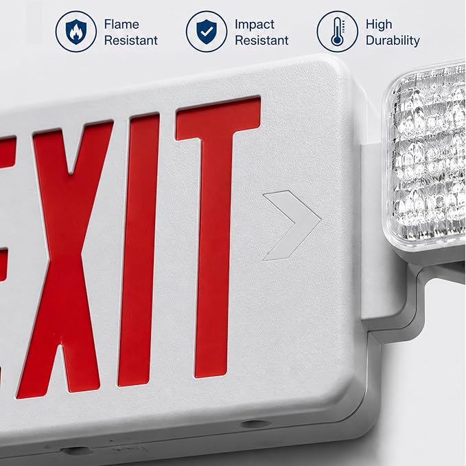 Red LED Exit Sign with Emergency Lights, Battery Backup, UL Listed | 2 Adjustable Heads, Commercial Emergency Exit Sign Combo with Thermoplastic Housing, Hardwired 120V/277V AC, 90-Minute Backup