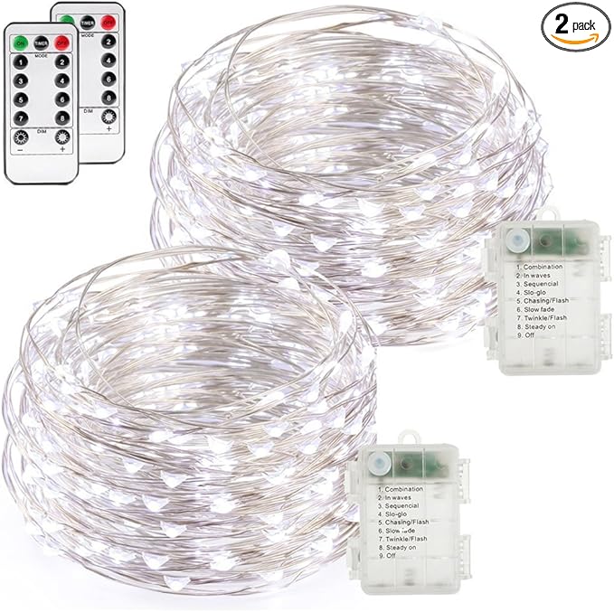 buways Fairy Lights 2-Pack Battery Operated Cool White 50 LED Fairy String Lights,16.4ft Sliver Wire Light with Remote Control for Christmas Party Garden Home Decoration