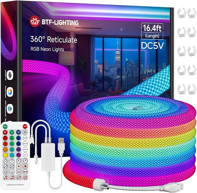 BTF-LIGHTING 16.4FT WS2811 WS2812B IC RGB DC5V 360 Degree Round Reticulate Chasing Color Neon LED Strip Kit Bluetooth Controller Flexible Silicone IP67 Waterproof Rope Light for Home Decor(No Adapter)