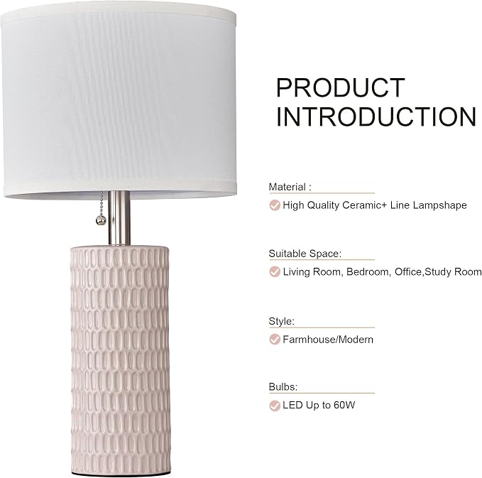 Reaketon Table Lamps for Living Room Set of 2, Ceramic Table Lamps for Bedroom, 20" Modern Lamps for Night Stands, Pink