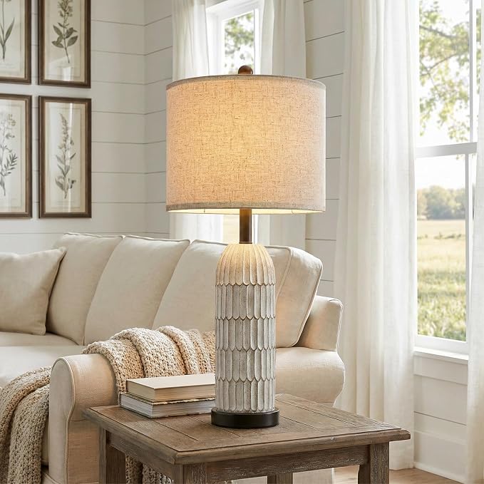 26.5" Bedside Table Lamps Set of 2, Farmhouse Table Lamp with USB A+C Charging Ports,Vintage Nightstand Lamp for Bedrooms and Living Rooms, Retro Resin End Table Lamp with Linen Shade,Black