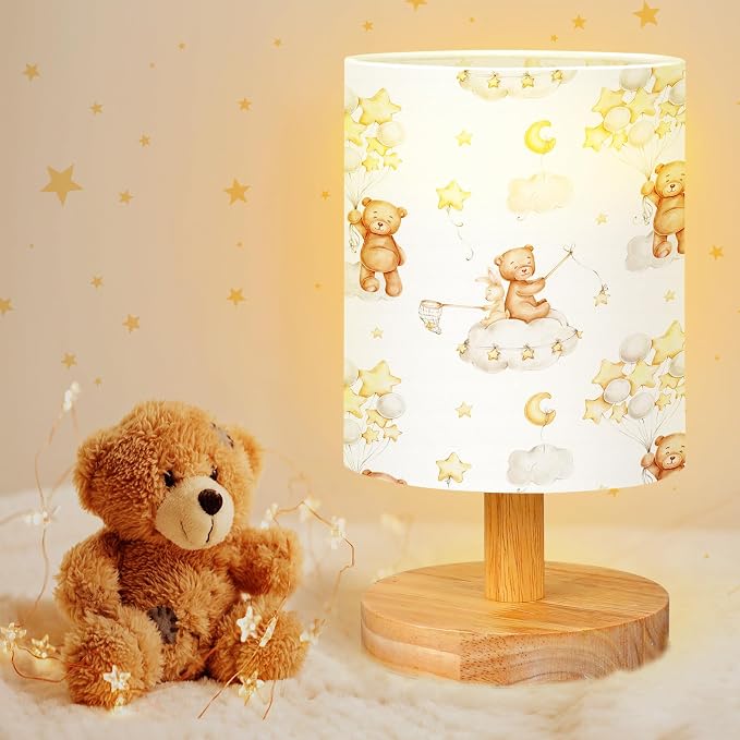 Bear Kids Table Lamp for Bedroom Kids Bedside Lamp with Linen Wooden Nightstand Cartoon Nursery Lampshade for Girls Boys Living Room