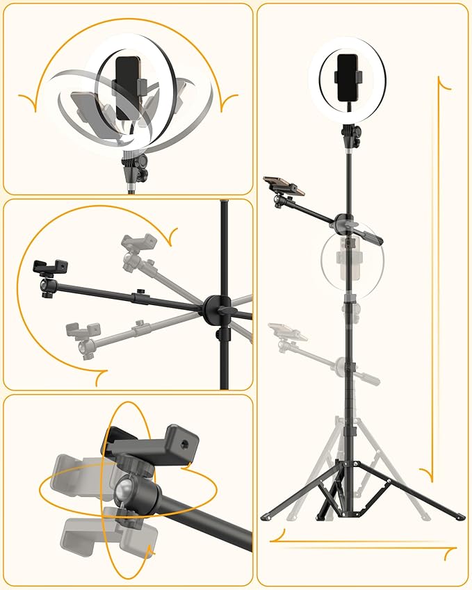 LUXSURE Ring Light with Stand for Phones, Tripod with Ring Light for iPhone, Overhead Phone Mount 10.5" with Phones Stand and Remote, Phone Tripod with Light for Video Recording/Live Stream/Cooking