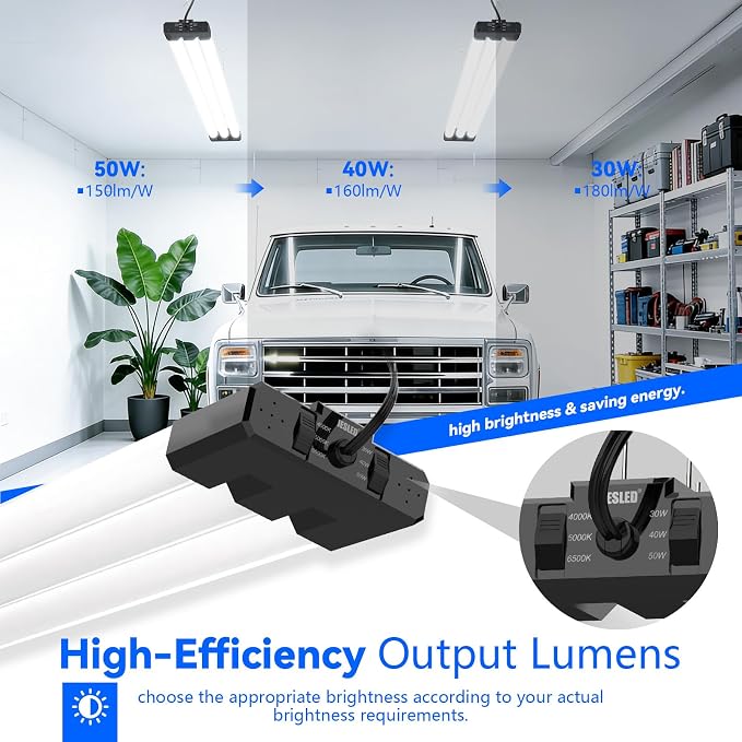 JESLED LED Shop Lights 4FT 7500LM, 3CCT & 3 Wattage Adjustable, ETL | 3CCT 4000K, 5000K & 6500K, 30W/40W/50W Selectable, Linkable for Garages & Workshops, Ceiling or Hanging Mount, 4 Pack