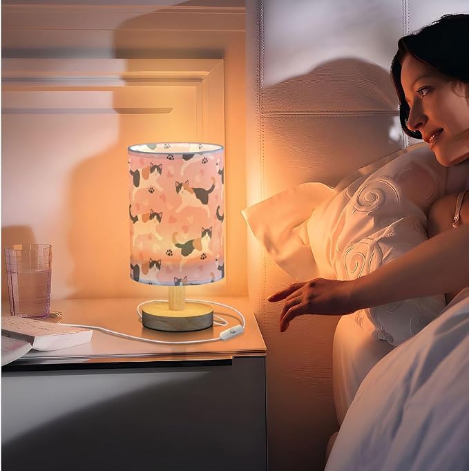 Cute Japanese Shorttail Cat and Paw Prints Hearts Bedside Table Lamps with USB Port for Bedroom Lamp Accent Table Lamp Small Nightstand Lamp Linen Shade Decorative Lamps for Kids|Reading|Dome|Home