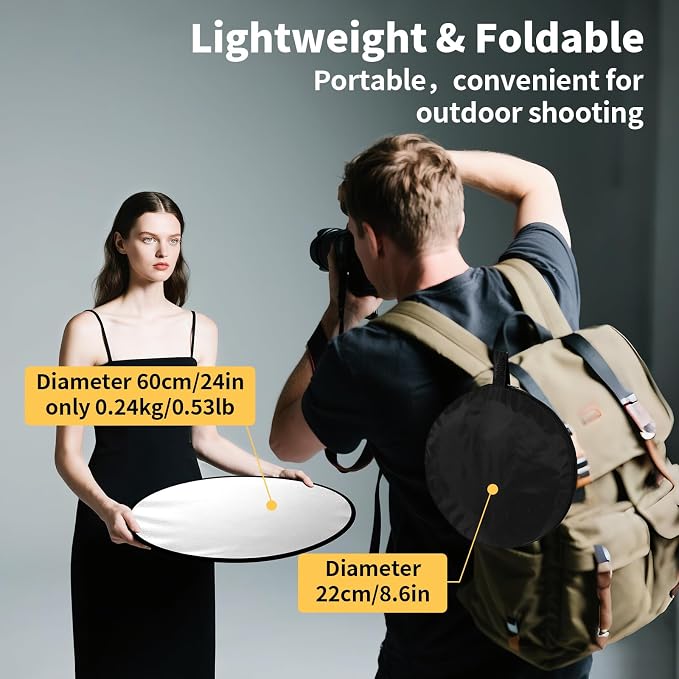 24/32/43/52in Reflector Photography,5 in 1 Light Diffuser with Panel &Bag Light Reflectors for Photography, Ideal for Content Creator Essentials&Photographer in Silver,Gold,White and Black
