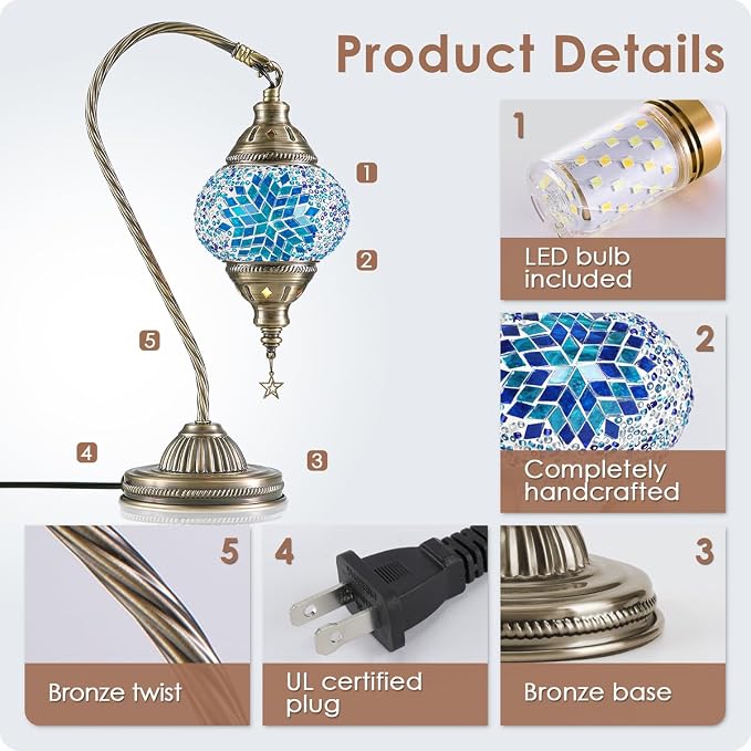 Yarra-Decor Turkish Moroccan Lamp with Bronze Base 3 Color Options Handmade Swan Neck Mosaic Glass Bedside Lamps for Bedroom (LED Bulb Included)(Blue2)