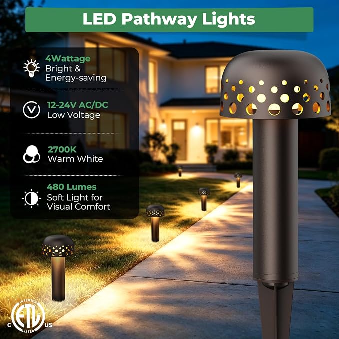Low Voltage Landscape Pathway Lights, 12V Outdoor Mushroom Decorative Lights, Unique Aluminum Path Lighting with 4W 2700K Replaceable Bulb for Walkway Garden Yard, 2 Pack