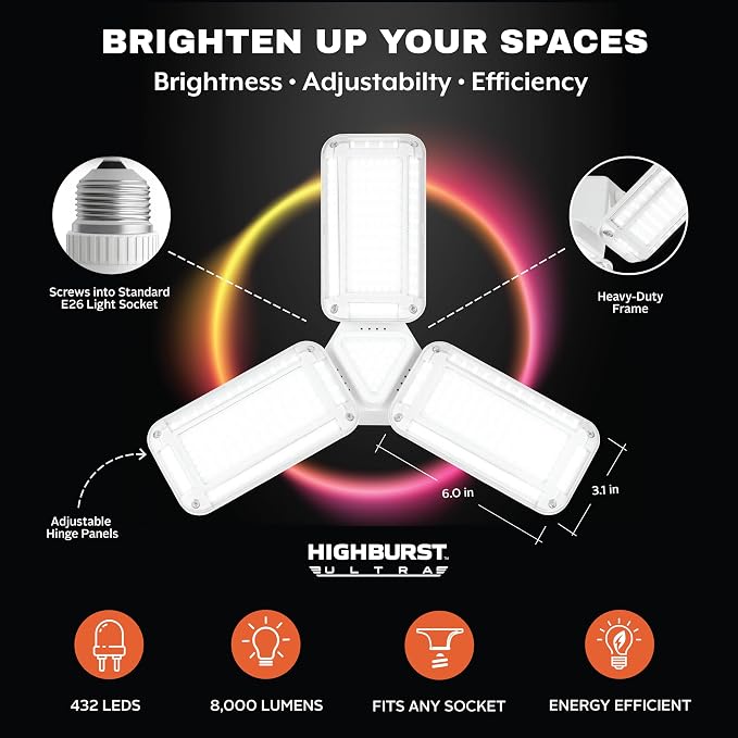 Bell+Howell HighBurst Ultra LED Garage Light Bulb – 8,000 Lumens, Super Bright Screw-in Ceiling Light - Adjustable Multi-Panel Design, for Garage, Shop, Basement, Attic – As Seen on TV