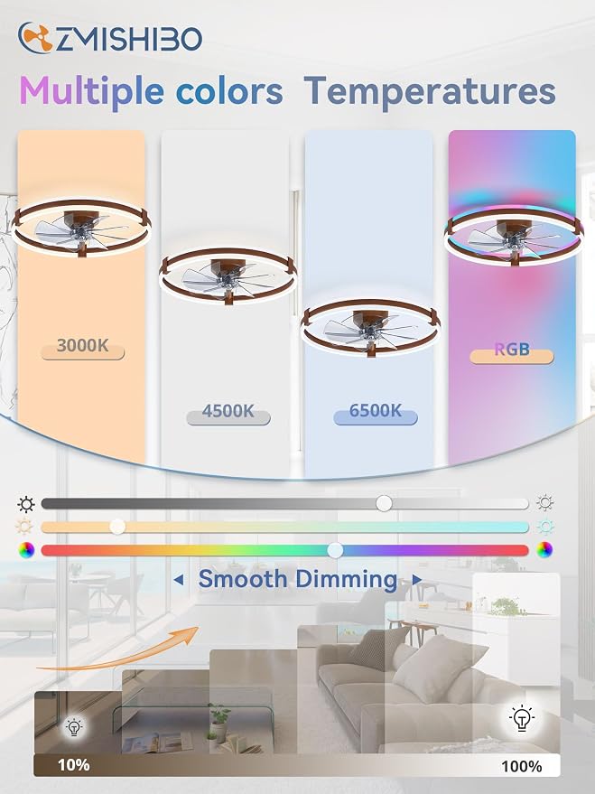 ZMISHIBO 23" RGB Low Profile Ceiling Fans with Lights and Remote, Walnut | Custom RGB+3CCT Dimmable, 6 Speeds, Remote/App Control, Reversible DC Motor, Memory, Timer, Modern Fandelier for Kids/Bedroom