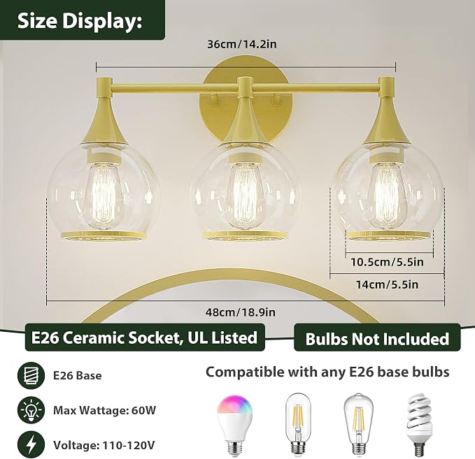 PAIHOME 3-Light Gold Bathroom Vanity Light Fixtures Over Mirror | Painted Gold, Anti-rust, UL-Certified, Elegant Globe Glass Shade, Modern Vintage, Easy to Install, Versatile Wall Decor Light