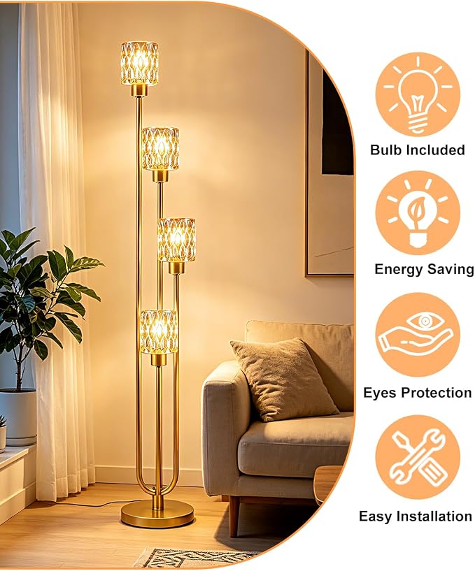 Vintage 4-Light Amber Glass Floor Lamp, Dimmable Gold Standing Tall Lamp for Reading, Mid Century Modern Floor Lamp for Living Room Bedroom Home Office Corner Decor, Bulb Included