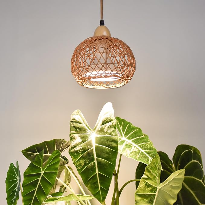 Hanging Grow Light for Indoor Plants 18W | Full Spectrum Plant Light, With 4H/9H/14H Timer, Boho Rattan Shade, 3800K Hanging Lights for Indoor Plants