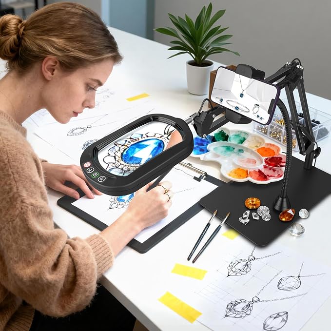 12X Square Magnifying Glass with Light and Stand, Real Glass LED Lighted Magnifier and Phone Holder, 5 Color Modes Stepless Dimmable, Hands-Free Desk Lamp for Craft Hobby Close Work Black and Holder