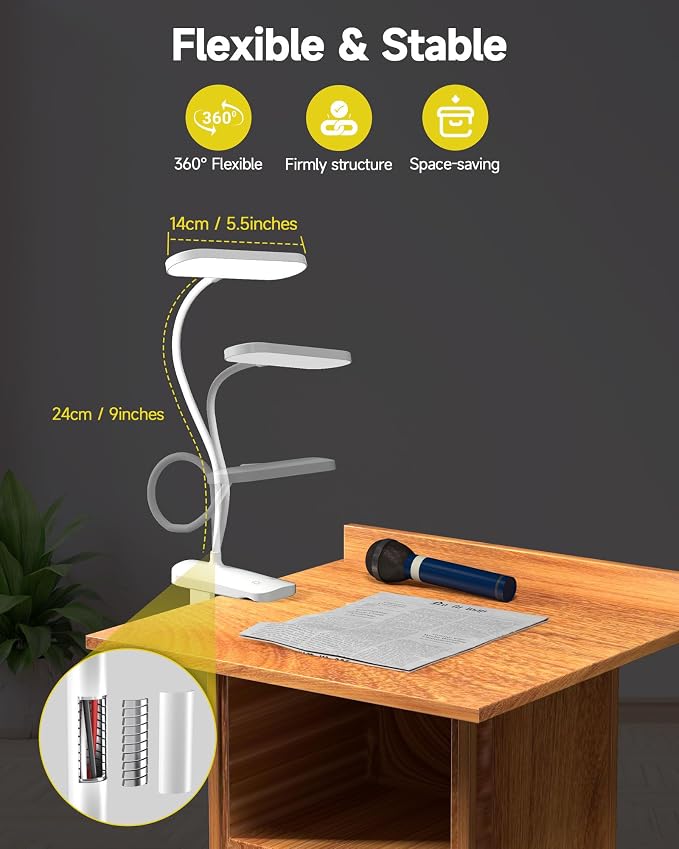 CUHIOY Rechargeable Clip on Light, Bed Headboard Reading Lamp, White | Portable Cordless Battery-Operated USB-C, 5 Colors 5 Brightness Goose-Neck, Flicker-Free Clamp Desk Light, Study or Craft Use