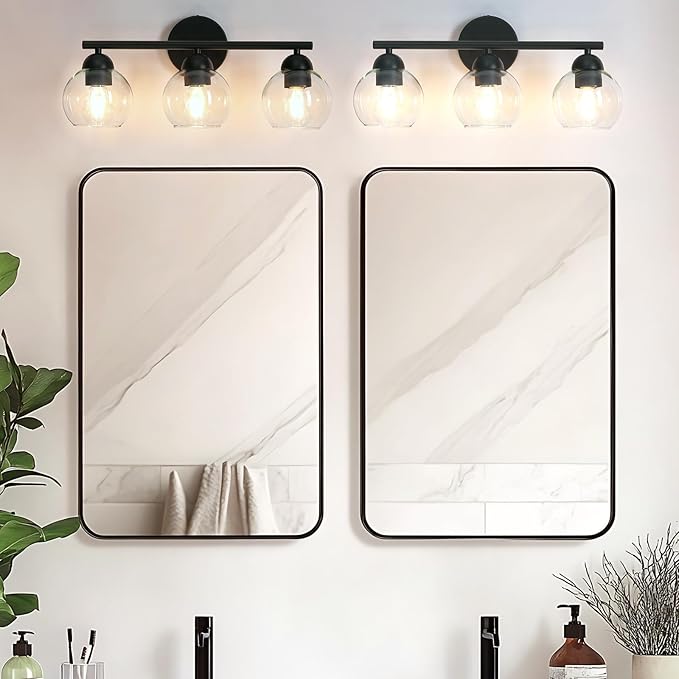 3 Light Bathroom Vanity Light, Black Vanity Light with Globe Glass Shades, Farmhouse Bathroom Light Fixtures Over Mirror, Modern Wall Lights for Bedroom Hallway, E26 Socket