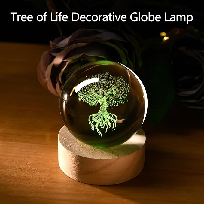 IFOLAINA Tree of Life Crystal Ball with Lighted Base Laser Engraved Glass Ball Tree of Life Night Light Decorative Globes 3D Crystal Plant Sphere Gifts for Her Birthday