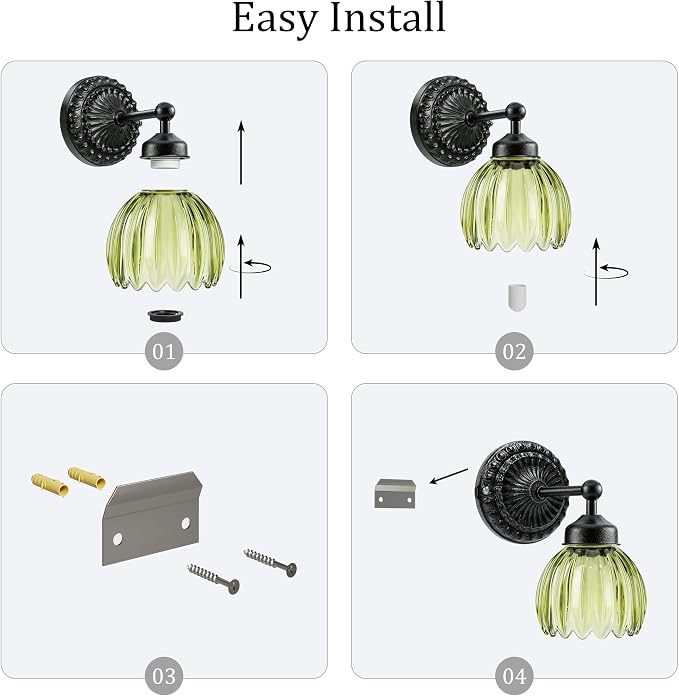 Battery Operated Wall Sconce, Vintage Wall Light, 2 Pack, Green Tulip Glass | Black Metal Base, 5200mAh Rechargeable, Dimmable LED, Remote Control, Cordless, Bedside, Bedroom, Doorway, Living Room