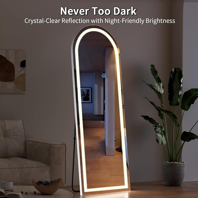Koonmi LED Arched Full Length Mirror, 65"x24" Full Length Mirror with Lights, Lighted Floor Mirrors with Stand, Full Body Mirrors with Dimming & 3 Color Lightingfor Living Room Cloakroom, White
