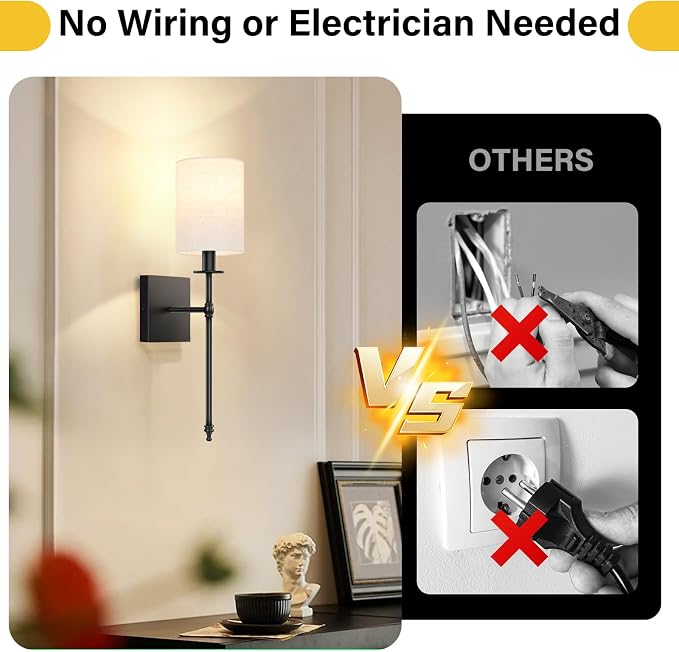 19 inch Battery Operated Wall Sconces Set of 2 with Remote, Rechargeable Wireless Wall Lights with Beige Fabric Shade, Indoor Not Hardwired Dimmable for Bedroom Living Room Decor