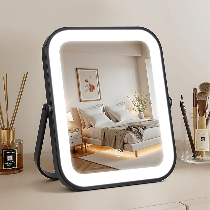 Rechargeable Vanity Mirror with Lights, 10"×8" Makeup Mirror with Lights, 1500mAH Battery, Smart Touch with 3-Color Lighting, Dimmable, HD Desk Mirror, Travel Essentials, Women Gift (Black)