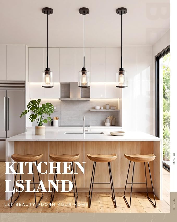 Beionxii 3 Pack Pendant Lights Kitchen Island, Clear Glass Pendant Lights | Matte Black Finish, E26 Base, UL Listied, Adjustable Hanging Height for Living Dining Rooms Bedrooms Foyers, BX-PL02MB-3CG