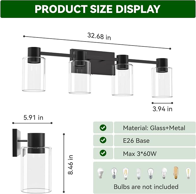 4-Light Modern Vanity Light Fixtures Over Mirror, Matte Black Bathroom Light Fixtures, Vanity Lights, Wall Sconce with Clear Glass Shade for Bathroom, E26 Base