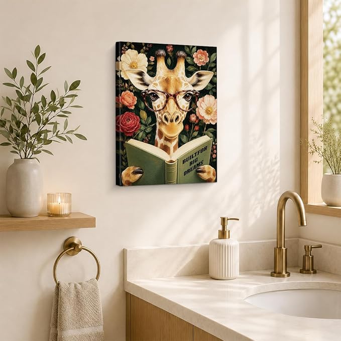 NSFBESSLIA Funny Reading Giraffe Painting, Whimsical Vintage Animal Decor, Built For Big Dreams, Wall Art for Living Room Bedroom Entryway, 8x10 Inch