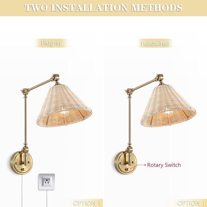 WINGBO Wall Sconce Rattan Wrapped Wall Lamp, Large Lampshade, Adjustable Swing Arm Wall Light Gold Vintage Bedside Light Fixture Wicker Handmade Shade Brass Reading Light Plug in or Hardwire (2 Pack)