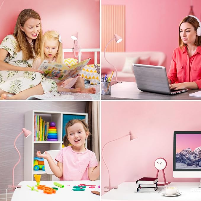 Pink Small Desk Lamp Clip on Reading Light for Bed 3 Colors | 10 Brightness Dimmable Flexible Gooseneck Clip on Light for Bed Headboard College Dorm Room